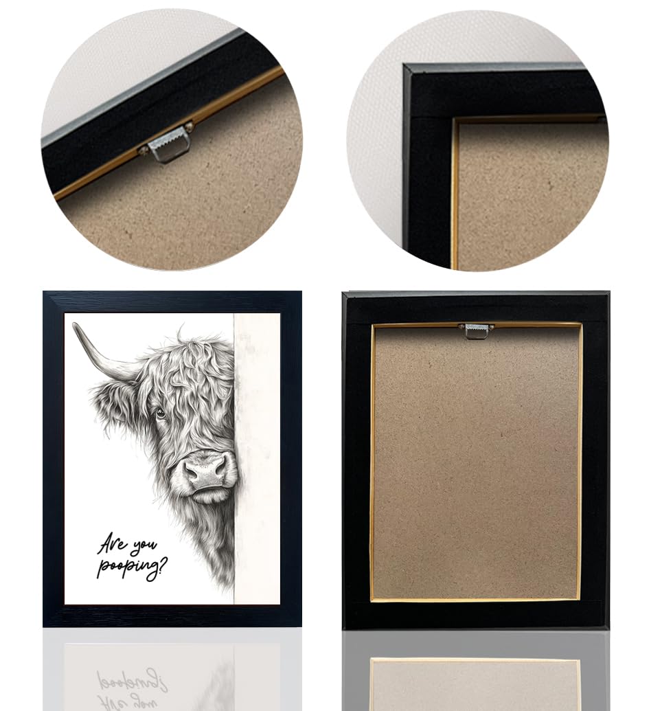 Funny Highland Cow Bathroom Wall Art - Rustic Farmhouse Wall Decor with Humorous Are You Pooping Canvas Print, Cute Animal Canvas Art for Restroom - Black Framed Cow Pictures Wall Decor Ready to Hang 8"x10" Gongyuanyihao Arts