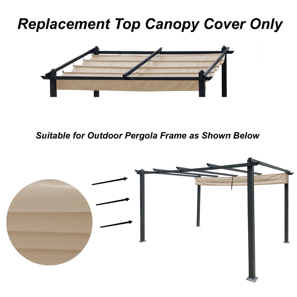 10x10 FT Retractable Pergola Replacement Canopy Waterproof, Durable and Sun-Protection Pergola Shade Cover (Khaki) ANTSKU