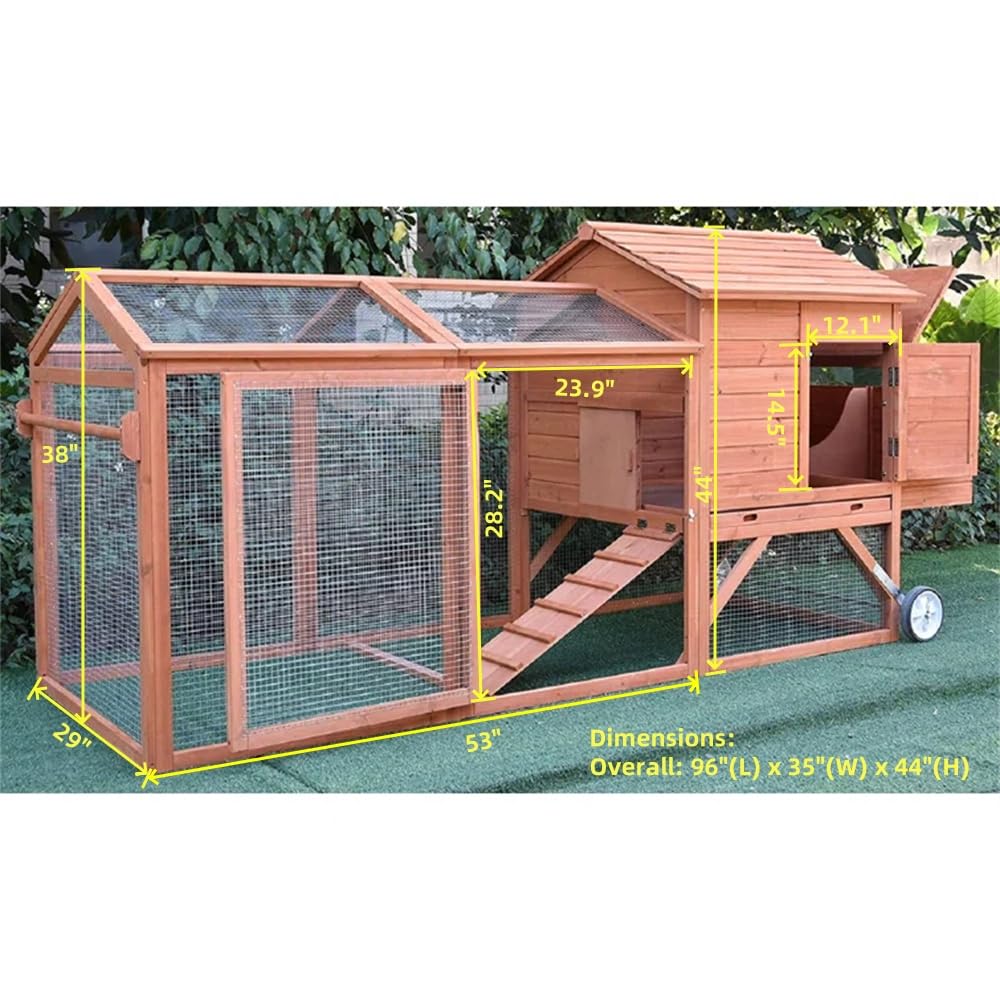 ChickenCoopOutlet 96" Wheel Wood Chicken Coop Backyard Hen House Nesting Box & Run New ChickenCoopOutlet