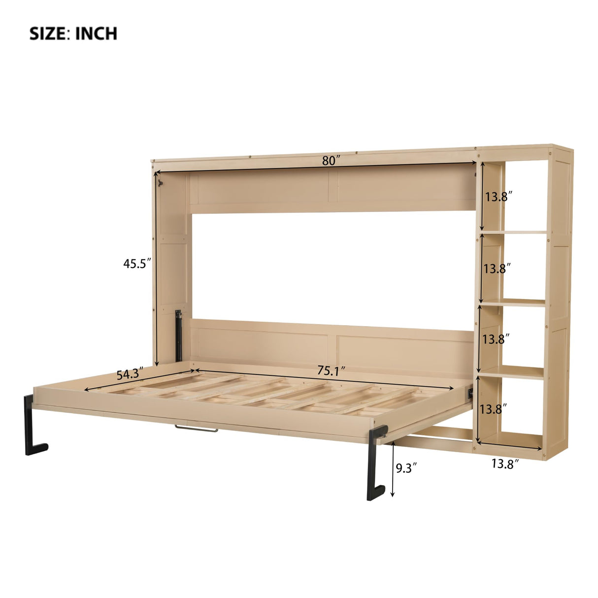 RuiSiSi Full Size Horizontal Murphy Bed with Storage Shelves, Hideaway Wall Bed with Open Bookcase, can be Folded into a Cabinet, Folding Murphy Bed Space-Saving for Guest Room Bedroom Office, Natural RuiSiSi