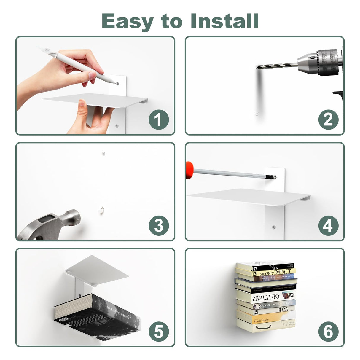 Mefirt Invisible Floating Bookshelves for Wall, 6 Tier Vertical Spine Book Tower, Heavy Duty Floating Book Shelves Metal Book Organizers for Home Office, 3 Pack(White) Mefirt