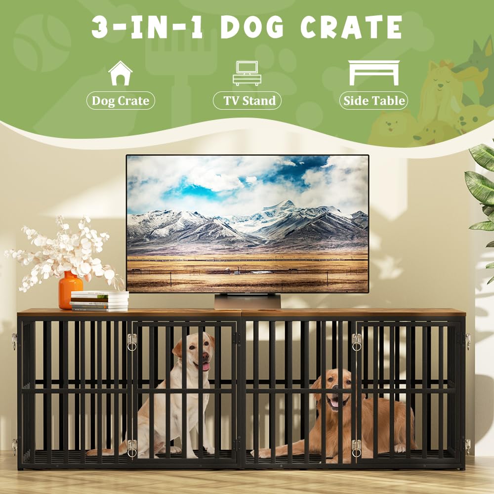 AGESISI Dog Crate Furniture for 2 Dogs, 76” Wooden Dog Kennel with Divider, XXL Double Dog Crate Furniture Large Breed with 4 Doors, Dog Cage End Table Indoor for Large & Medium Dogs, Black AGESISI