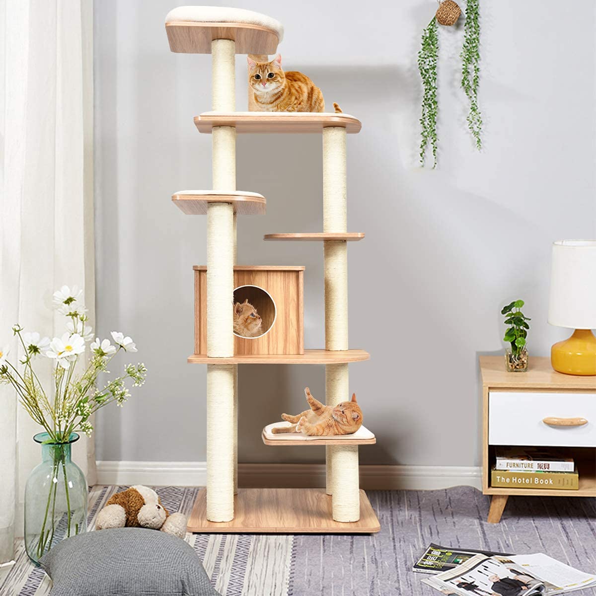 Tangkula Tall Cat Tree, 69-Inch Modern Cat Tower with Sisal Rope Scratching Posts, Wood Cat Tree with Multi-Layer Platform, Cat Condo Furniture with Washable Cushions for Indoor Cats Large Adult Tangkula