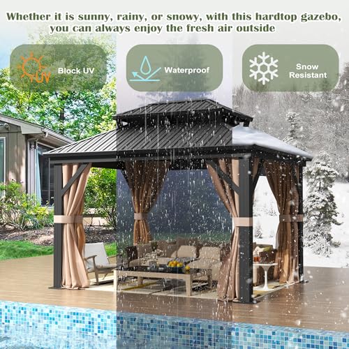 Prime Garden 10'x12' Hardtop Gazebo, Galvanized Steel Double Roof Gazebo with Aluminum Frame, Metal Gazebo w/Privacy Curtains and Nets, Outdoor Gazebo for Patio, Lawn, Backyard Prime Garden