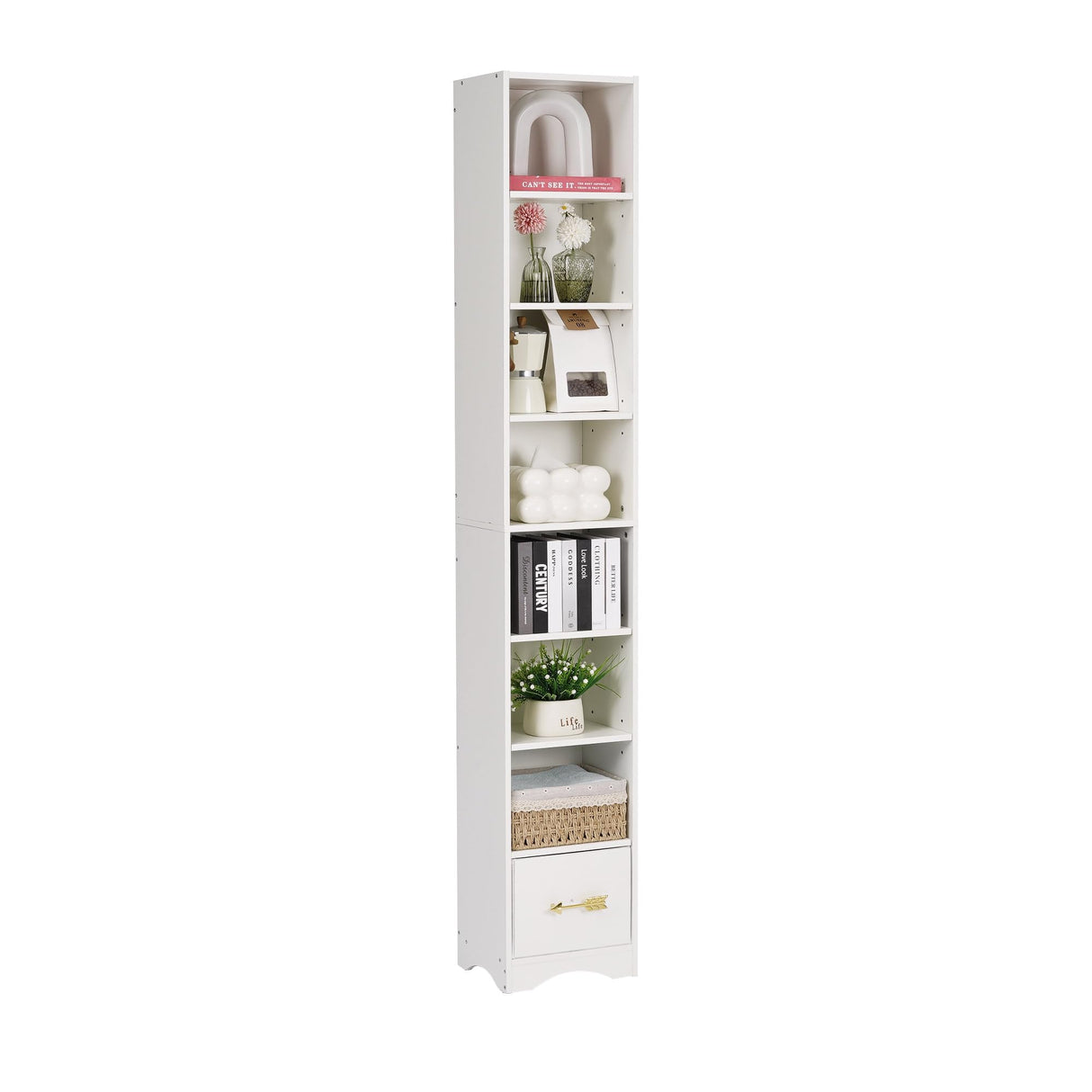 VECELO 8-Tier Narrow Bookshelf, Modern Tall Bookcase with Adjustable Shelves, Raised Base & Fabric Drawer, Storage Rack for Living Room, Bedroom, Office, White VECELO