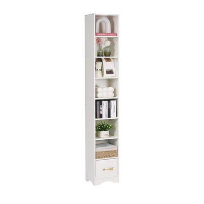 VECELO 8-Tier Narrow Bookshelf, Modern Tall Bookcase with Adjustable Shelves, Raised Base & Fabric Drawer, Storage Rack for Living Room, Bedroom, Office, White