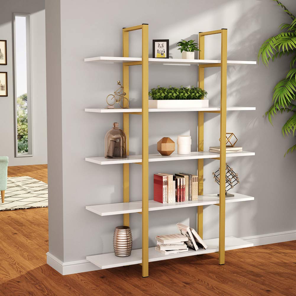 Tribesigns Vintage Industrial 5-Tier Bookshelf - Gold & White Etagere Bookcase 70" H x 47" L Tribesigns