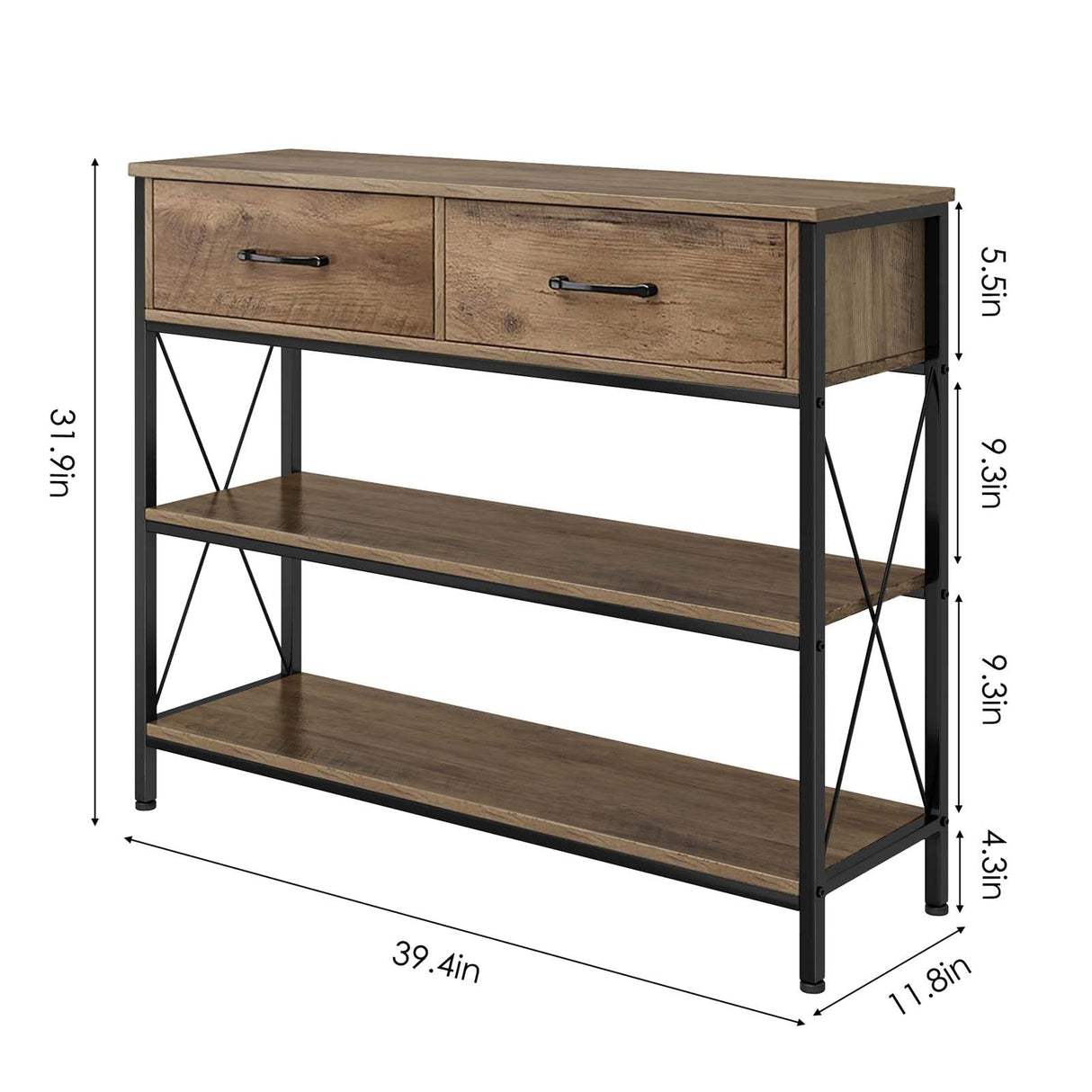 HITHOS Industrial Console Table with Drawers, Vintage Hallway Foyer Table with Storage Shelves, Narrow Long Sofa Entryway Table for Living Room, Rustic Brown HITHOS