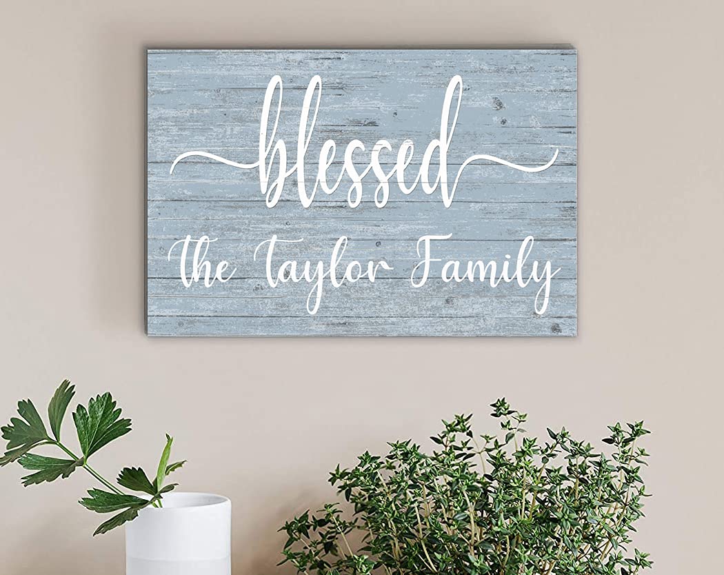 Blessed Sign Custom Family Name Sign Personalized - Solid Wood - Wall Art for Anniversary, New Home, Mother's Day, Couples Gift Idea (Blue) Broad Bay