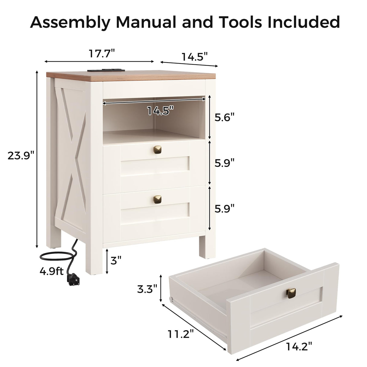 Luoxiao Nightstand Set of 2 with Charging Station, End Table, 18" Farmhouse Side Table with 2 Storage Drawers, Rustic Wooden Sofa Table, Bedside Cabinet for Living Room, Bedroom, White Luoxiao