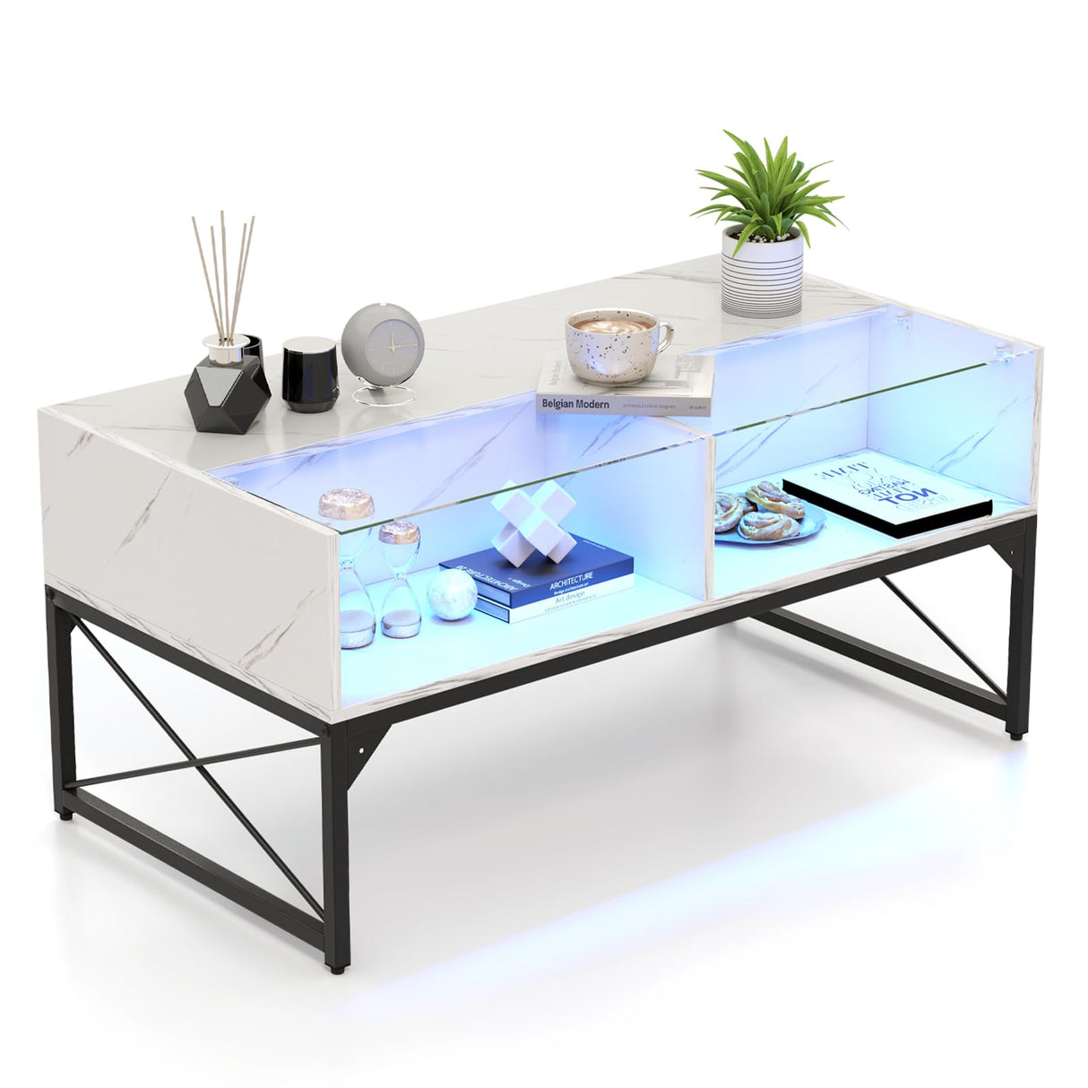Tangkula LED Coffee Table, High Glossy Center Table with 4 Storage Cubes, Faux Marble & Tempered Glass Top, Adjustable Light Colors, Remote Control, Modern Cocktail Table for Living Room (White) Tangkula