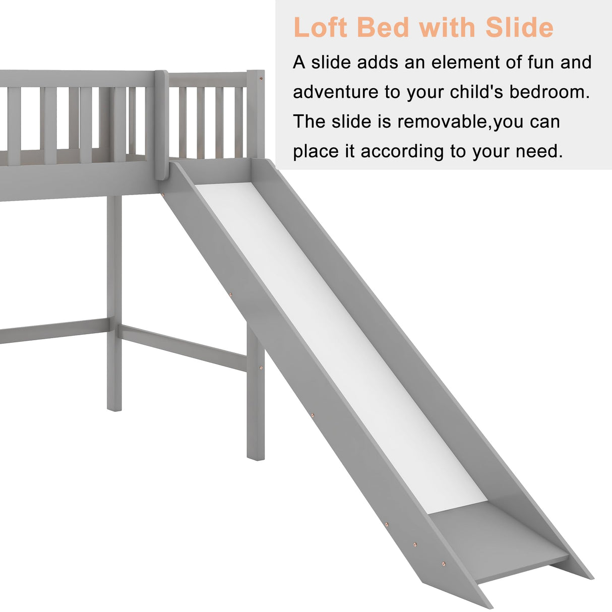 Bellemave Twin Size Loft Bed for Kids,Low Loft Bed with Slide and Ladder,Wood Loft Bed Twin for Girls Boys,Grey Bellemave