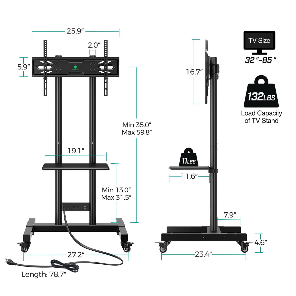 Greenstell TV Stand with Power Outlet, Mobile TV Cart on Wheels for 32-85 inch LED LCD Flat Curved Panel Screen TVs, up to 132lbs, Height Adjustable Rolling TV Stand with AV Shelf, Max VESA 600x400mm GREENSTELL