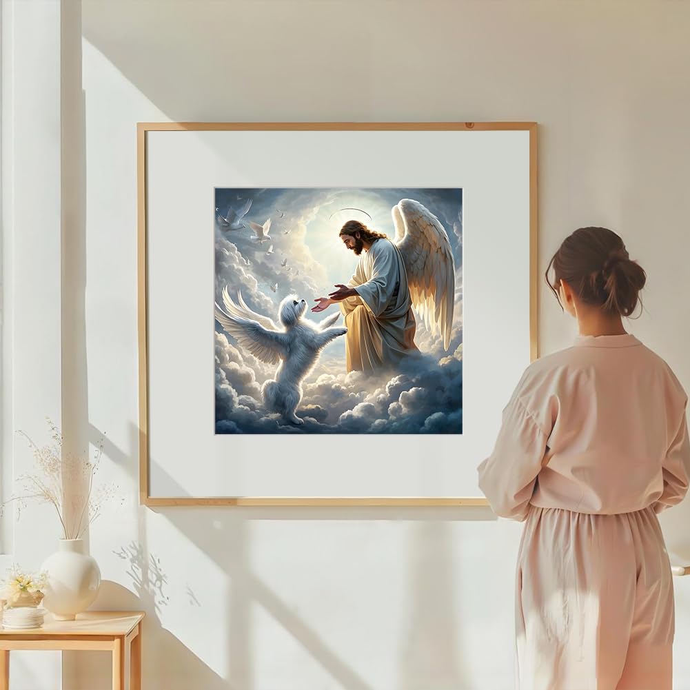 DIADAY 5D Dog Diamond Painting Kits, Angel Dog Diamond Art Kits for Adults, DIY Craft Full Drill Round Gem Diamond Dots Art Home Wall Decor Gift 12 x 12 Inches DIADAY