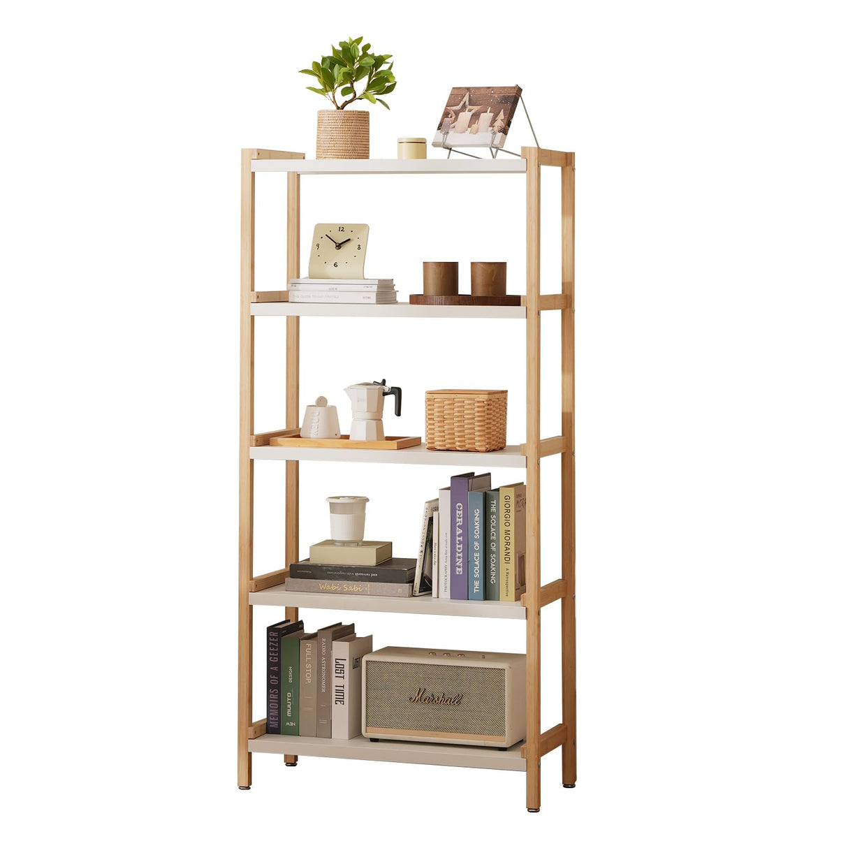 Baveke 5-Tier Bamboo Shelf Bookcase Modern Open Bookshelf Free Standing Storage Rack Display Shelf Display Bamboo Bookshelf Standing Shelf Open Shelving Unit Baveke