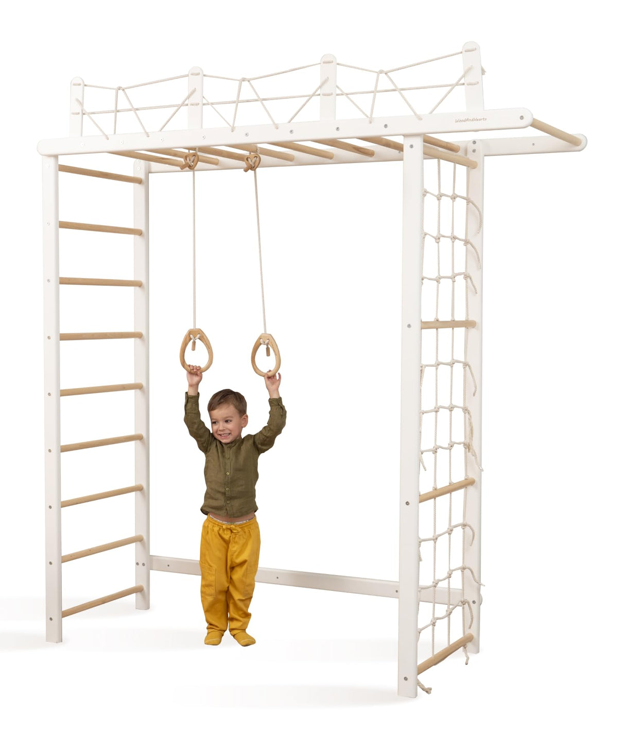 Woodandhearts Swedish Ladder Indoor Playground, Climbing Wall for Kids, Montessori Climbing Set, Indoor Jungle Gym for Toddlers (Pair of Gymnastic Rings) Wood And Hearts