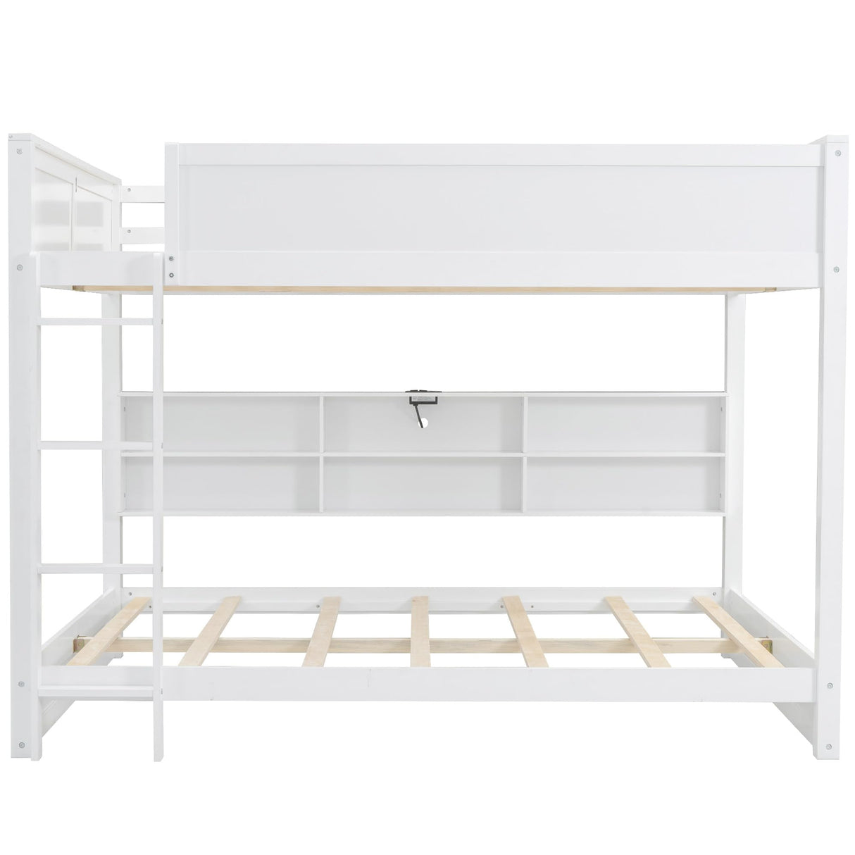 SOFTSEA Queen Over Queen Bunk Bed with Storage, Modern Queen Size Bunk Beds with Storage Bookcase and USB Ports for Kids Teens Adults, Wood Bunk Bed with Guardrail and Ladder, White SOFTSEA