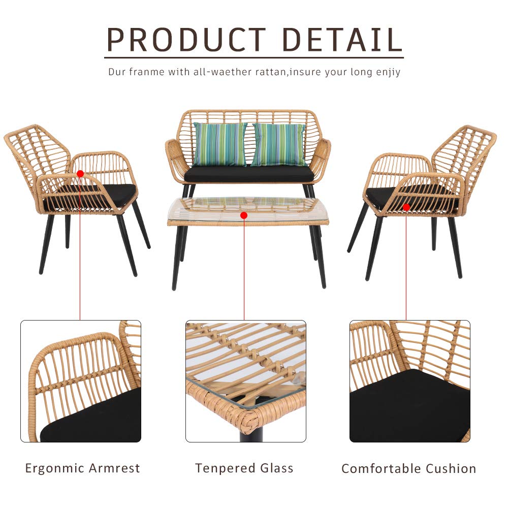 VINGLI 4 Pieces Outdoor Furniture Set Wicker, Rattan Patio Conversation Set with Cushions and Glass Coffee Table, Outdoor Sectional Sofa Set for Garden, Backyard, Poolside VINGLI