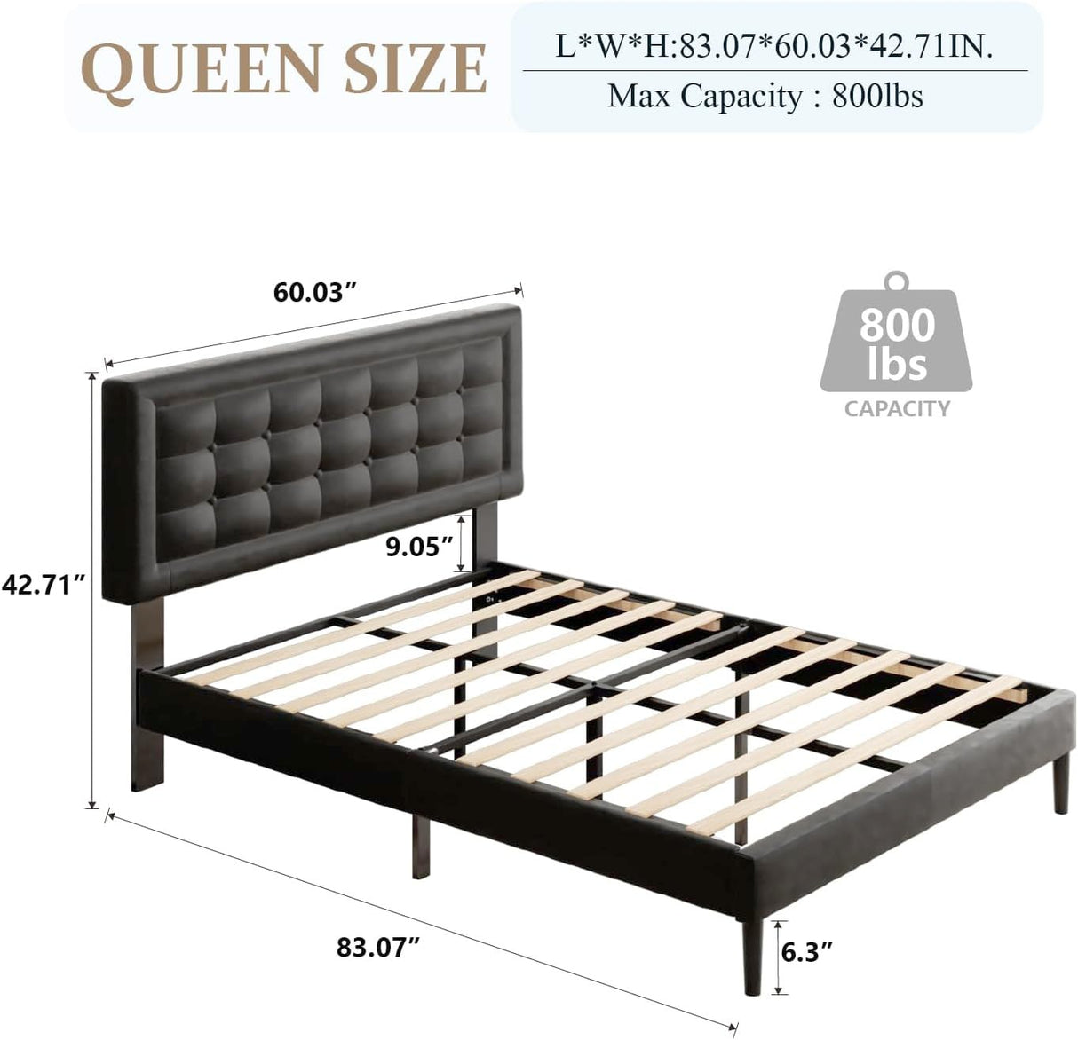 CXVX Queen Size Bed Frame with Headboard, Platform Bed Frame with Velvet Upholstered Button Tufted Headboard, Wood Slats Support, No Box Spring Needed, Mattress Foundation, Easy Assembly, Black CXVX