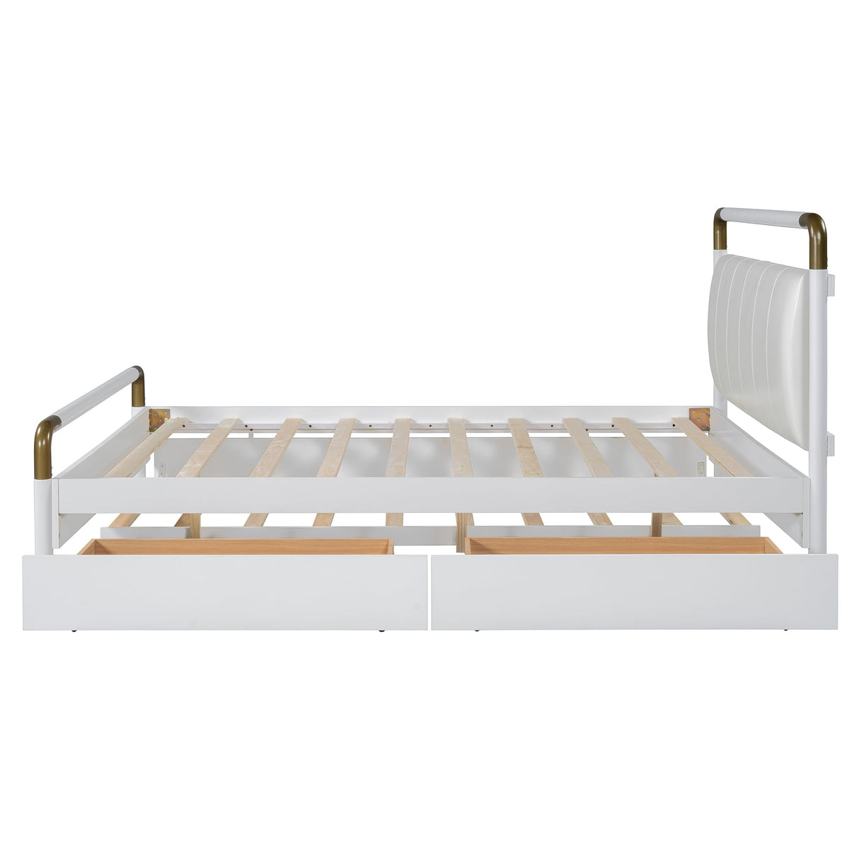 Merax Queen Size Wooden Bed Frame with PU Leather Backrest, Modern Platform Bed & Two Storage Drawers and Trundle for Bedroom, No Box Spring Needed, Easy Assembly, White Merax