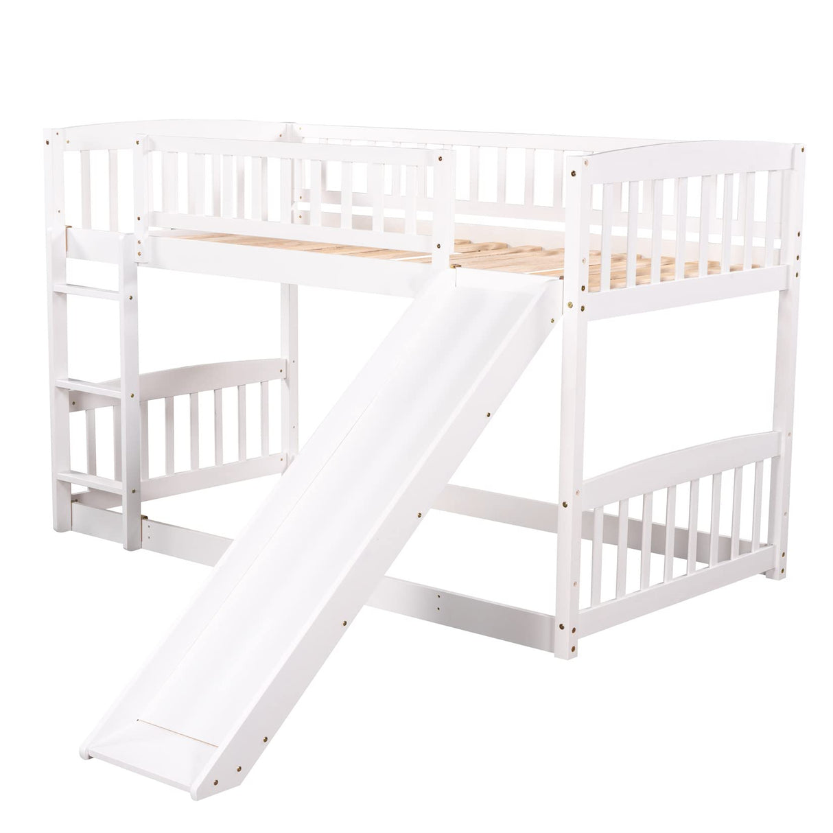 Low Bunk Bed with Slide Twin Over Twin Bunk Beds for Kids Toddlers, Wood Floor Beds Frame with Rails for Boys Girls Teens, White Bellemave