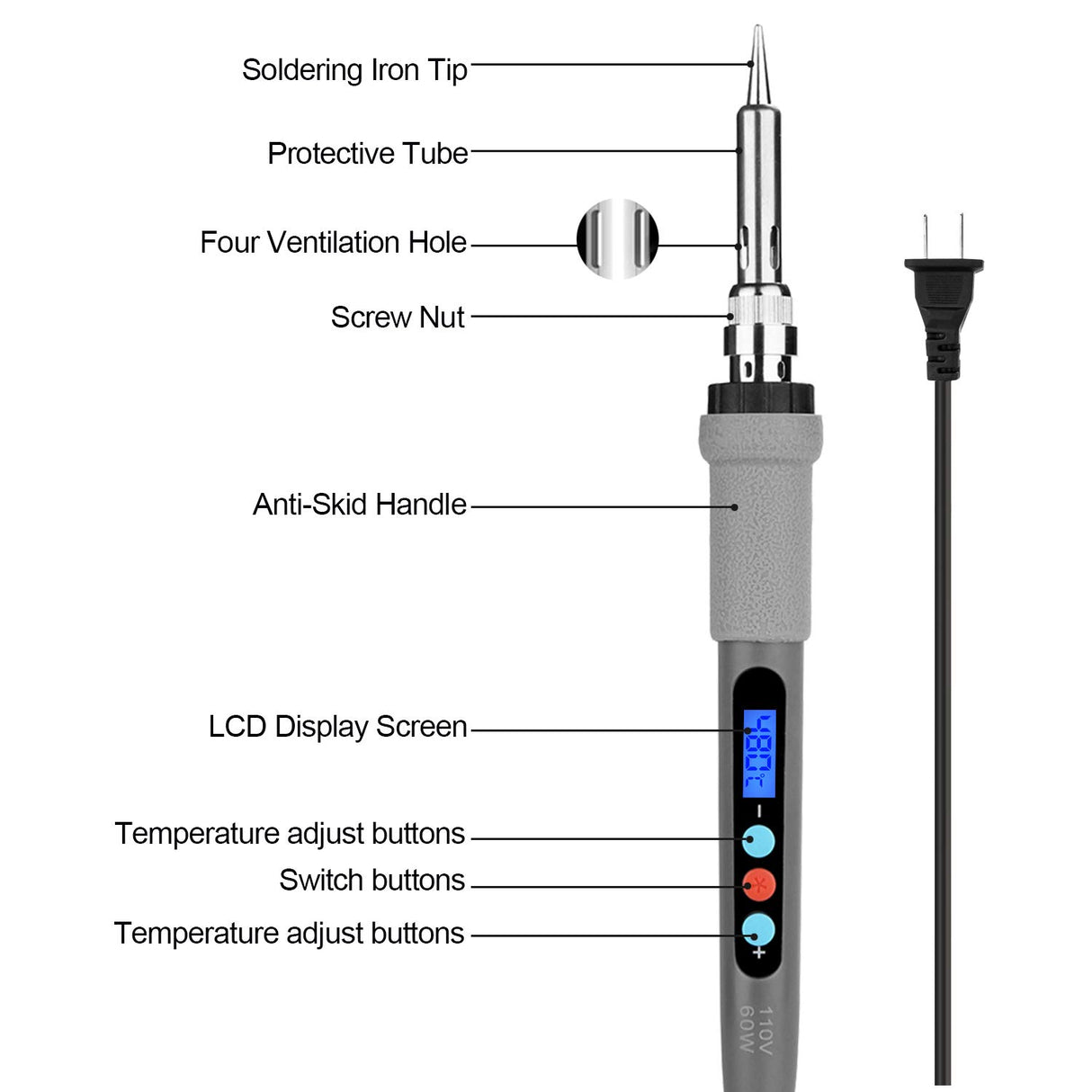Welding Soldering Iron with Thermostatic Digital-Controlled and LCD Screen Display, 60 W Temperature Adjustable 180℃/356℉-480℃/896℉ with 5 PCS Soldering Bits, 2 Soldering Iron Stands & 1 Sponge IMAGE