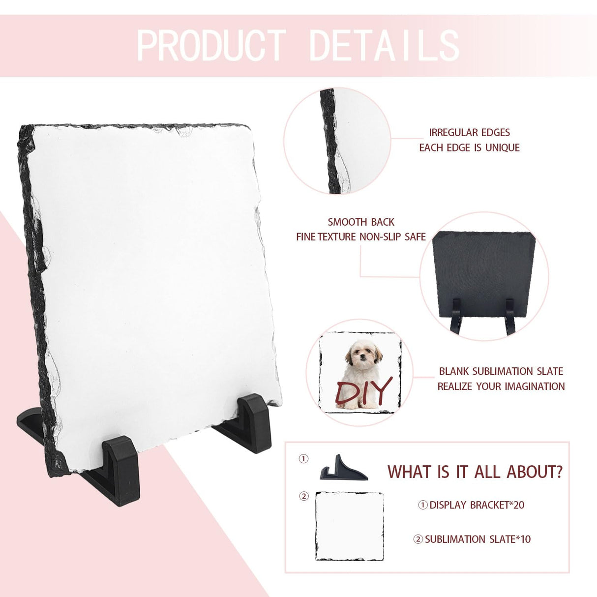 YOUKE OLA 10 Pack Sublimation Slate Blanks with Display Holder, Square Shaped Plaque Rock Stone Customized Picture Memorial Stone Frame, Personalized Photo Gifts for Heat Transfer 6x6 Inch YOUKE OLA