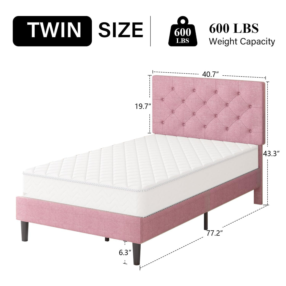 HOMBCK Twin Bed Frame, Upholstered Twin Bed Frame with Headboard, Pink Twin Bed Frame for Girls, Wood Slats, Linen Fabric, Button Tufted, No Box Spring Needed, Pink HOMBCK