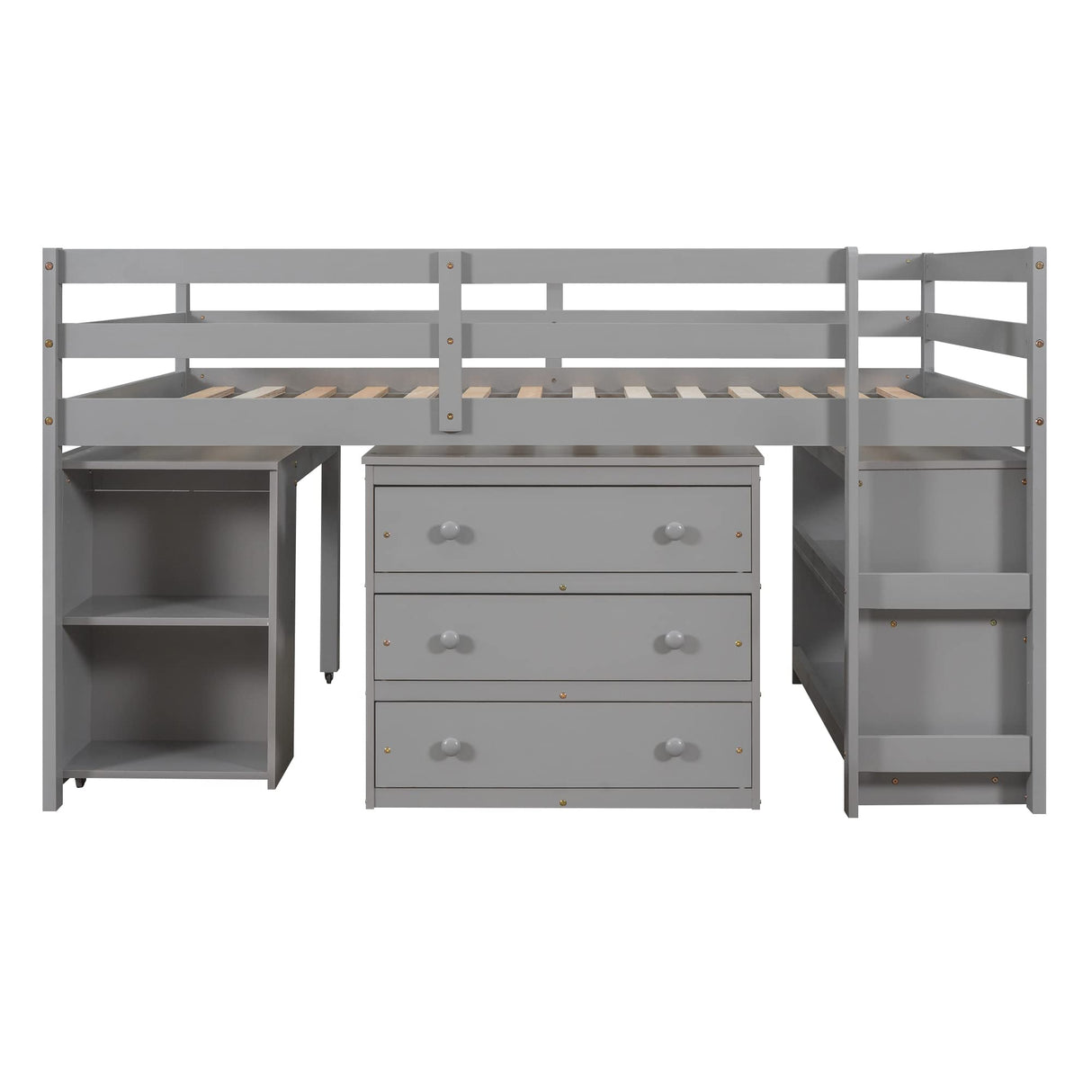 Solid Wood Full-Size Low Loft Bed with Integrated Desk, Cabinet, and Bookshelf in Pure Gray Merax