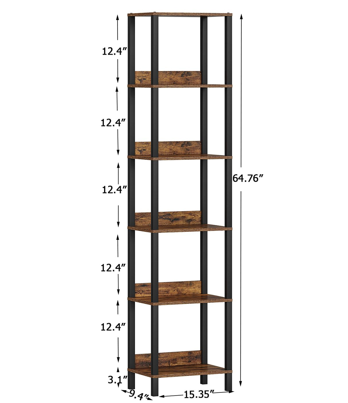 6 Tier Bookshelf with Anti-Fall Baffle, Tall 64.79" Bookcase with DIY Shelves, Industrial Book Shelf Storage Organizer, Display Free Standing Shelf Unit for Bedroom, Living Room, Office, Rustic Brown VIMBER