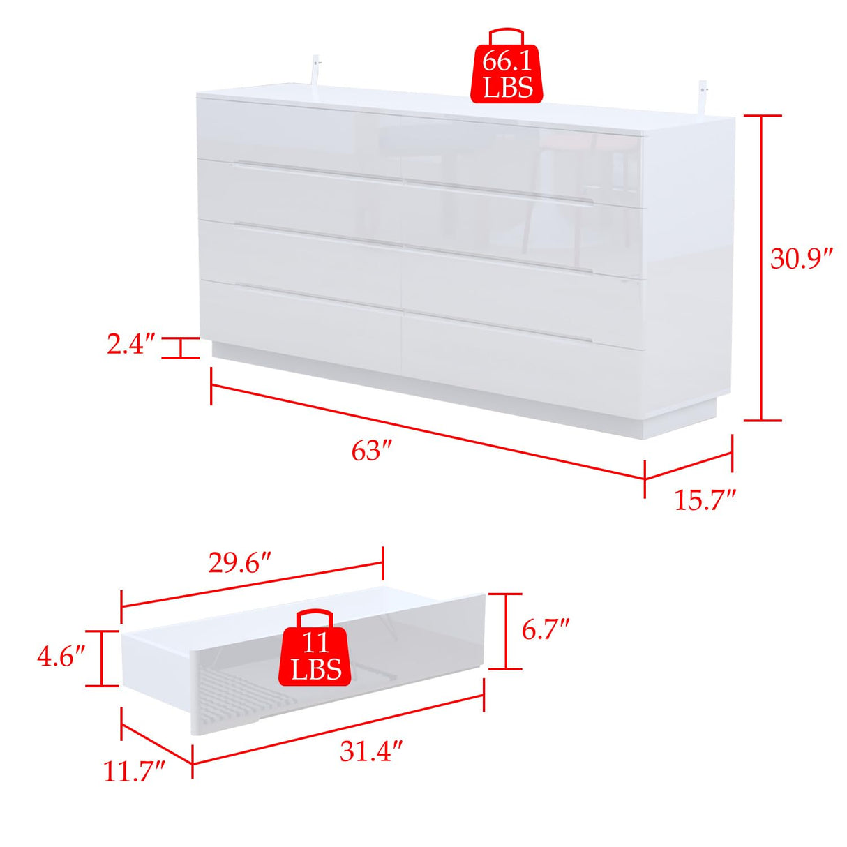 Hitow 8 Drawers Double Dresser for Bedroom, Wooden Wide Dresser with Light & Glossy Surface, Modern White Chest of Drawers, LED Light, White, 63”W x 15.7”D x 30.9”H Hitow