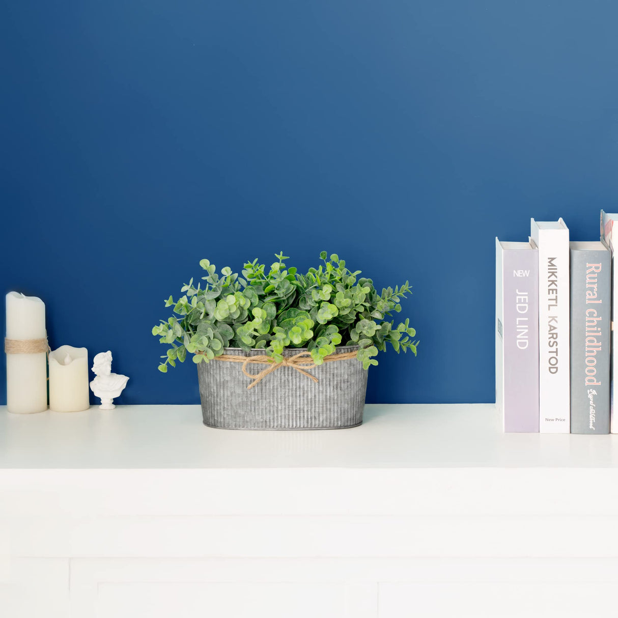 Dahey Artificial Eucalyptus Faux Plants Indoor for Farmhouse Home Decor Fake Potted Plants in Rustic Rectangular Pots Table Centerpiece for Office Bath Living Room Greenery Decor, 7" L x 4" H Dahey