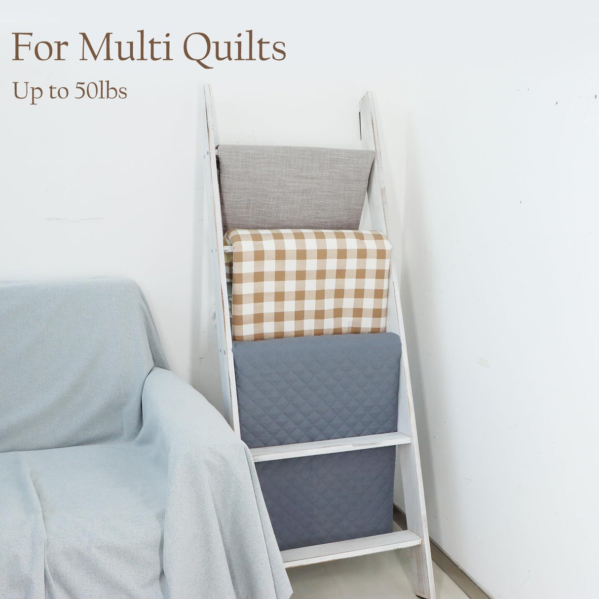 Honest Blanket Ladders for The Living Room, 5-Tier Blanket Holder, Wall-Leaning Blanket Rack, Ladder Shelves, Wooden Quilt Ladder, Farmhouse Decor, White HONEST OUTFITTERS