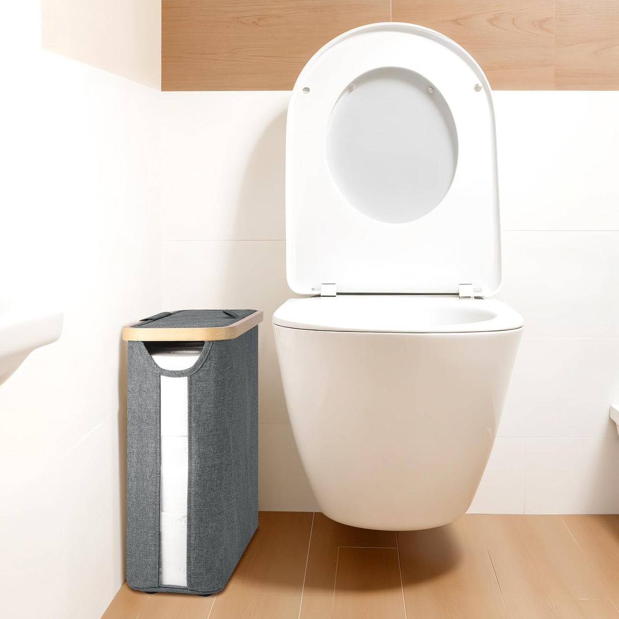 30L Toilet Paper Storage Basket with Lid, Bathroom Toilet Paper Storage Holder for up to 9-12 Rolls, Bamboo Toilet Tissue Storage Bin with Footbase Dntorx