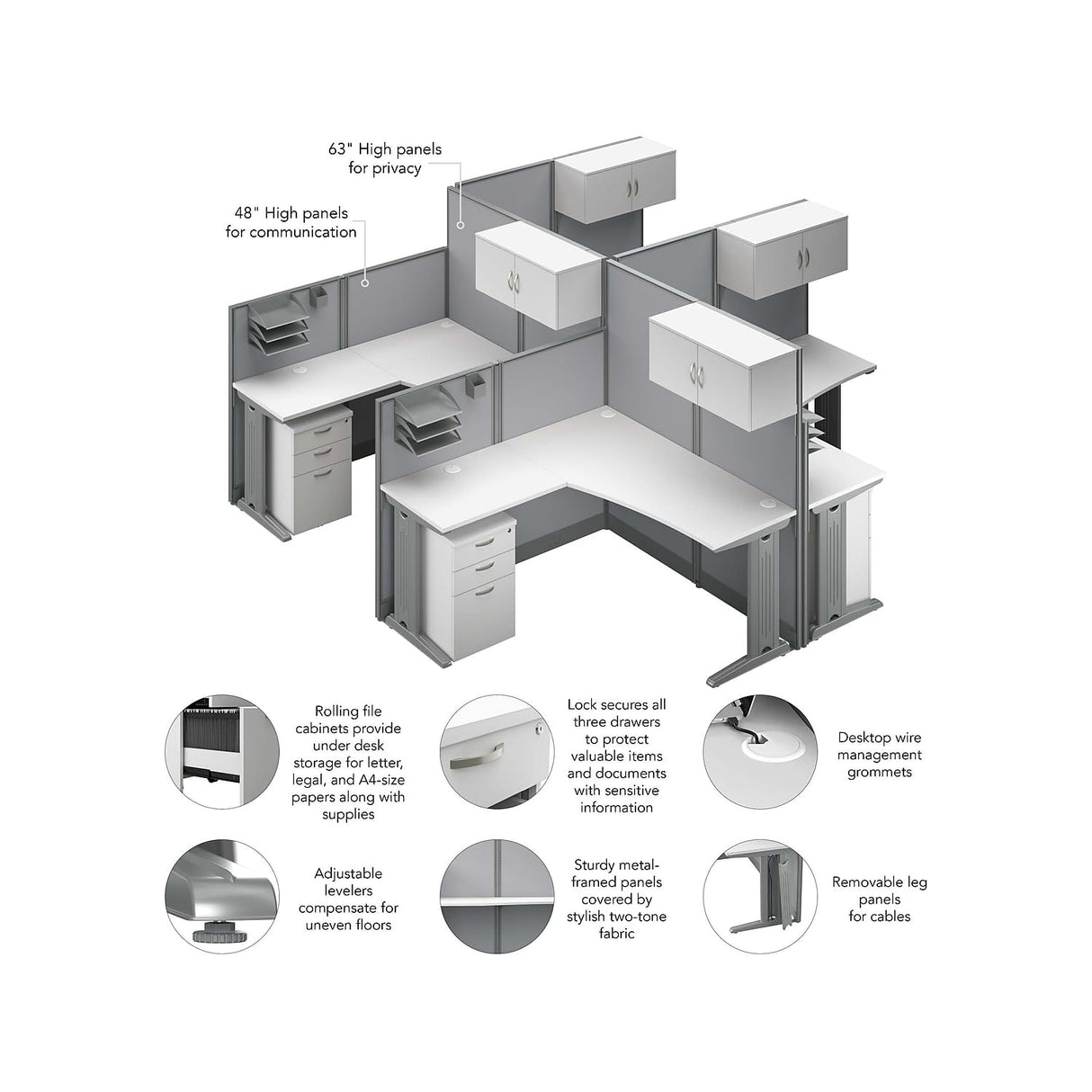 Bush Business Furniture Office in an Hour L Shaped Cubicle Desks with Storage, Drawers, and Organizers | Quad Workstation Set with Privacy Panels for Commercial Workspace, 4 Person, Pure White Bush Business Furniture