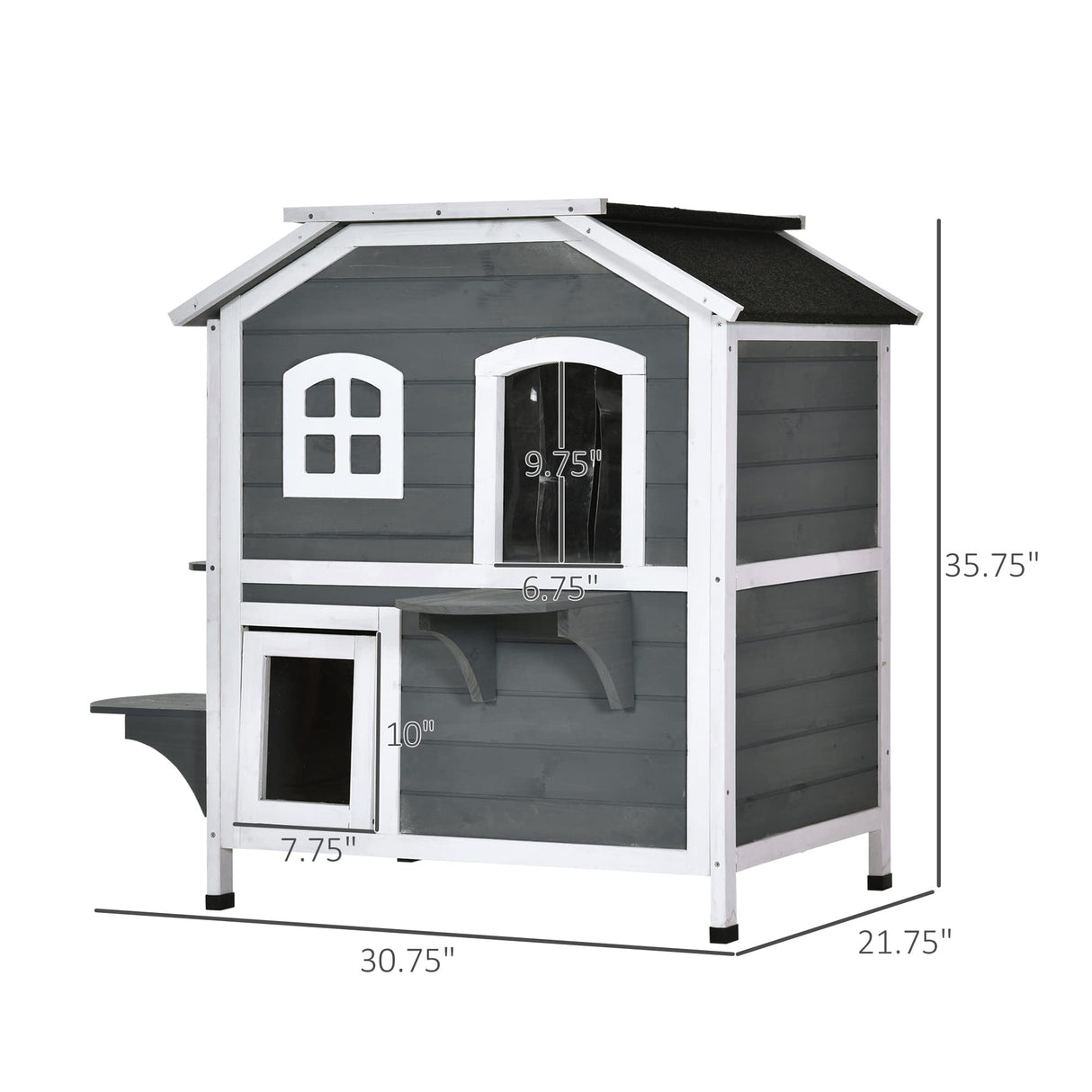 PawHut 2-Story Cat House Outdoor, Weatherproof Wooden Cat Enclosure for Feral Cats with Escape Door, Openable Roof, Jumping Platforms, Gray PawHut