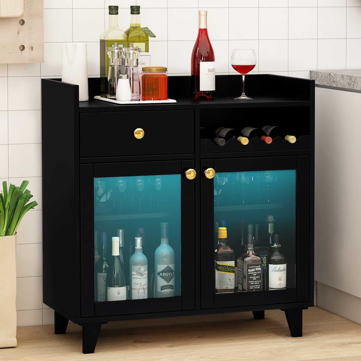 COCO DESIGN Small Bar Cabinet, Black Modern Liquor Wine Cabinet with Storage with Led Light for Home, Farmhouse Buffet Coffee Sideboard with Glass Door & Wavy Wine Rack for Kitchen COCO DESIGN