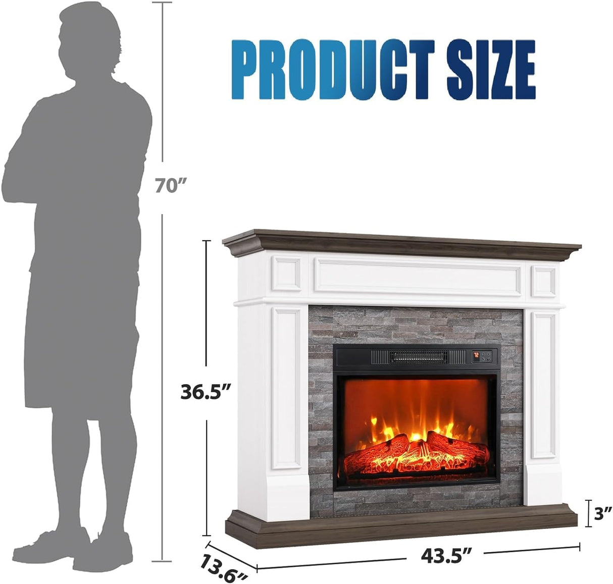 Naice 44" Electric Fireplace Mantel, Farmhouse TV Stand with Electric Fireplace Heater, Stacked Stone Surround and Remote Control 3D Realistic Flame, White Fireplace for Living Room Bedroom Naice