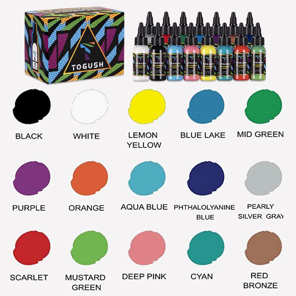 T TOGUSH Airbrush Kit with Air Compressor, 15 Color Airbush Paint, Gravity Airbrush And Siphon Airbrush, 1/6 HP Quiet Air Compressor with 3L Tank, Airbrush for Model Hobby Craft DIY Painting T TOGUSH