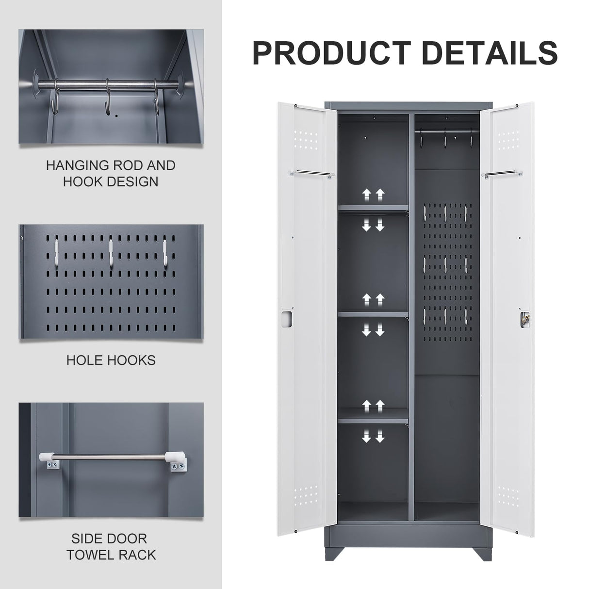 65"H Broom Closet Storage Cabinet, Utility Closet for Brooms and Mops, Cleaning Metal Storage Cabinet with Pegboard and Hanging Rod, Broom Closet with Doors and Adjustable Shelves,Garage,Grey-White SAFEFEVER