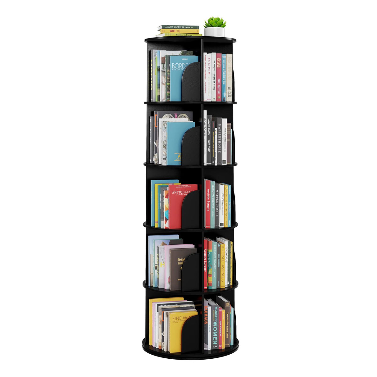 SpaceAid 5 Tier Rotating Bookshelf Tower, Spinning Bookcase Lazy Susan, Revolving 360 Book Shelf Storage Round Carousel, Vertical Rotate Turning Spiral Corner Organizer, Black SpaceAid