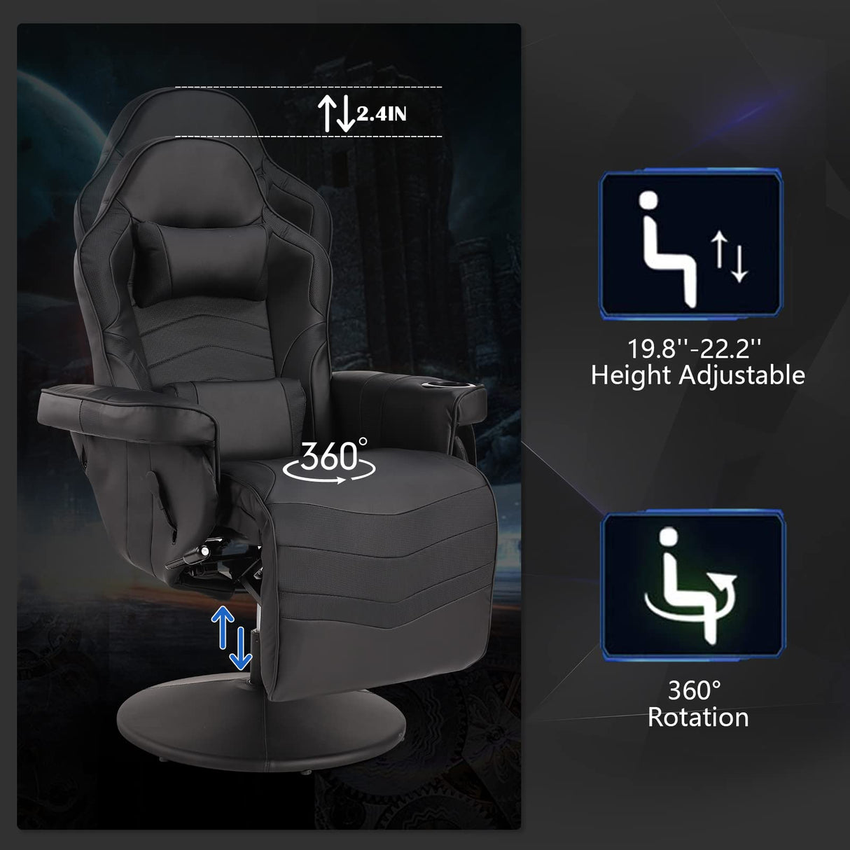 Consofa Gaming Chair, Reclining Gaming Chair with Footrest, PU Leather Massage Video Gaming Recliner Chair w/Adjustable Height, Swivel Gaming Chair with Lumbar Support, Side Pouch (Black) Consofa