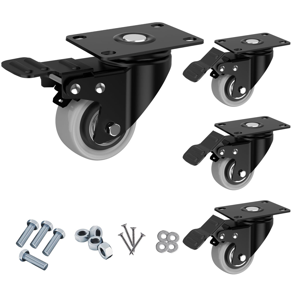 2 Inch Wheel Casters,Set of 4 Heavy-Duty Industrial Caster Wheels with Brake PU No Noise Wheels with Double Locking and Double Ball Bearing Swivel Locking Casters for Furniture, Plate Castors Grey JIN FU TOU