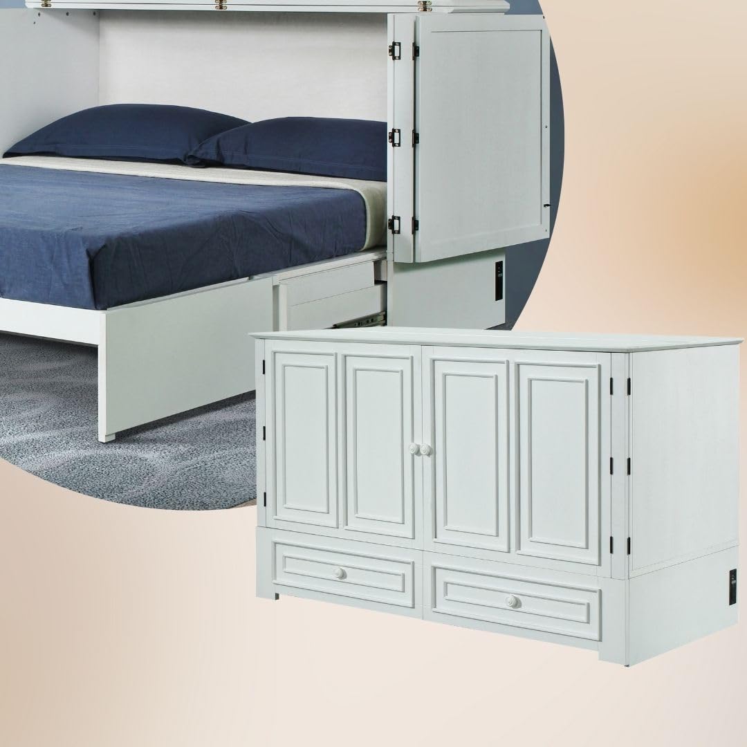 Mega Solutions Emurphybed Paradiseo Murphy Cabinet Chest Bed with Charging Station 8 Inch, Queen (White) Mega Solutions