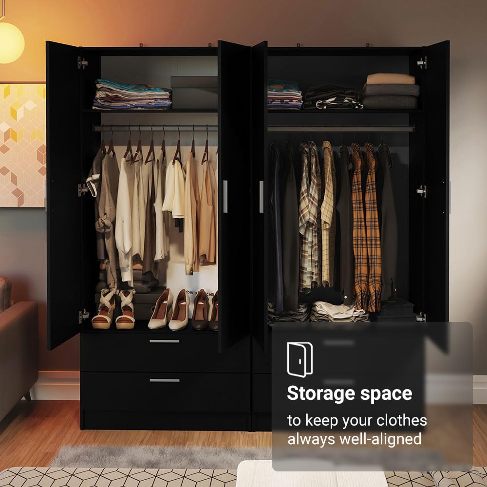 Madesa 4 Doors 4 Drawers Storage Cabinet Wardrobe with Shelves and Hanging Space 63" L Wooden Armoire Closet Organization Unit for Bedroom and Office (Black) Madesa