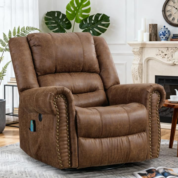 SOCIALCOMFY Swivel Rocker Recliner Chair with Heat and Vibration, 360° Swivel Glider Rocker Manual Reclining Chair, Massage Rocking Recliners with Side Pockets & USB Ports for Living Room, Nut Brown SOCIALCOMFY