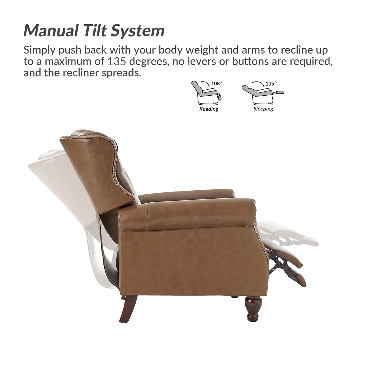 HULALA HOME Genuine Leather Manual Recliner Chair, Adjustable Tufted Push Back Reclining Sofa Armchair with Rivet Decoration & Solid Wood Legs, Modern Living Room Home Theater Seating, Camel HULALA HOME
