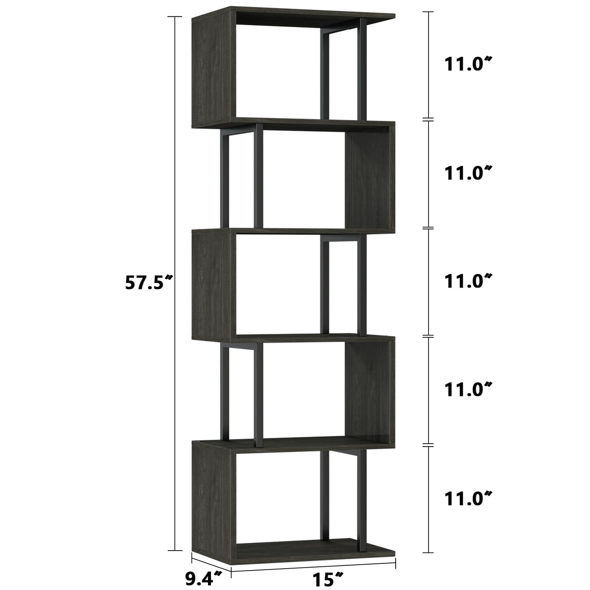Furologee 6-Tier S-Shaped Geometric Bookshelf in Light Black Oak - Tall Industrial Display and Storage Shelf Furologee