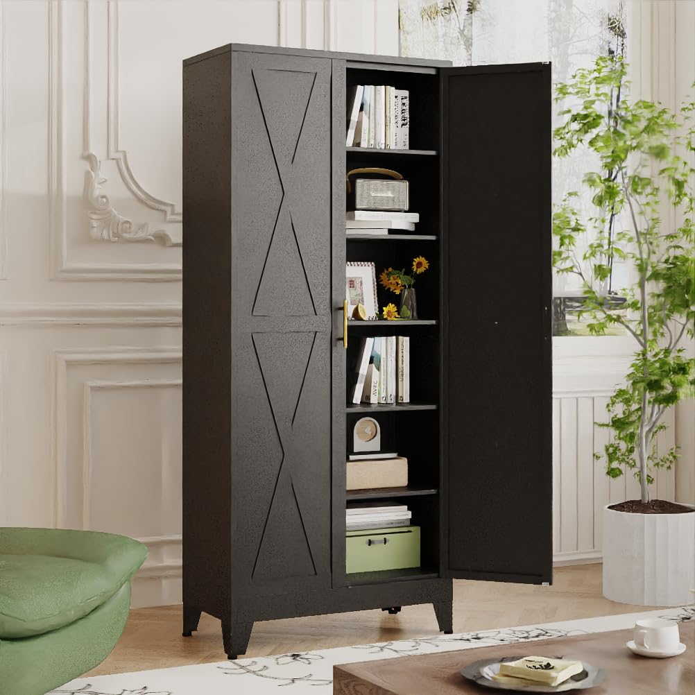 Lusiwry 75" Tall Metal Kitchen Pantry Storage Cabinet, Freestanding Cupboard with 2 Doors and 5 Adjustable Shelves, Standing Storage for Kitchen, Bathroom, Garage, Dinning Room or Utility Room(Black) Lusiwry