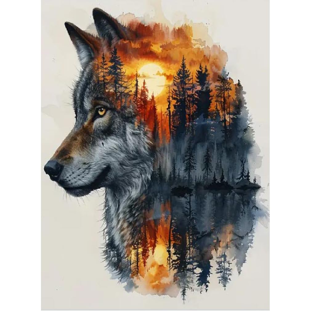 BOHADIY 5D Wolf Diamond Painting Kits for Adults Beginners, Wolf Head Forest Diamond Art Kit,DIY Full Round Drill Diamond Dot Gem Art Kits for Adults,Home Wall Decor 12x16 Inch BOHADIY